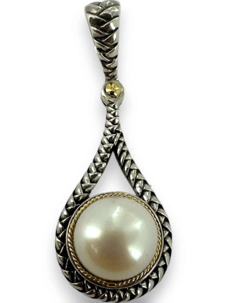 Effy 925 Silver Braid Detail 18kt Gold Dangle Pendant South Sea Pearl Charm